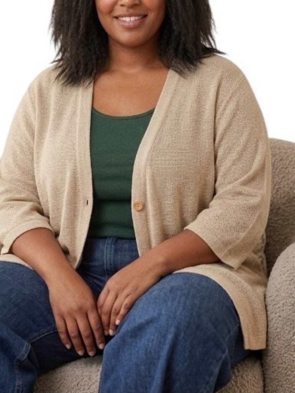J. Jill Linen Sweater Cardigan Lightweight Knit Neutral One Button 3/4 Sl Tan 4X